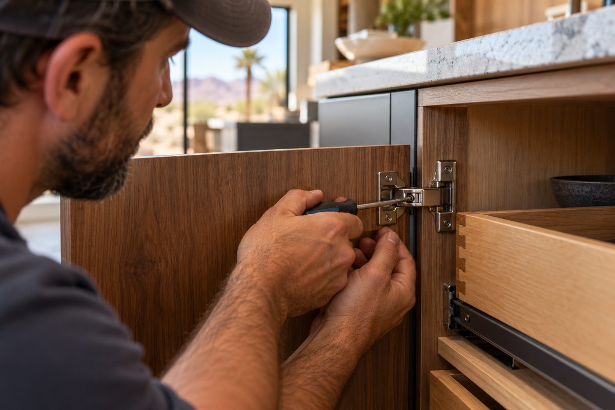 Adjusting concealed soft-close kitchen cabinet hinges with a screwdriver to level door alignment