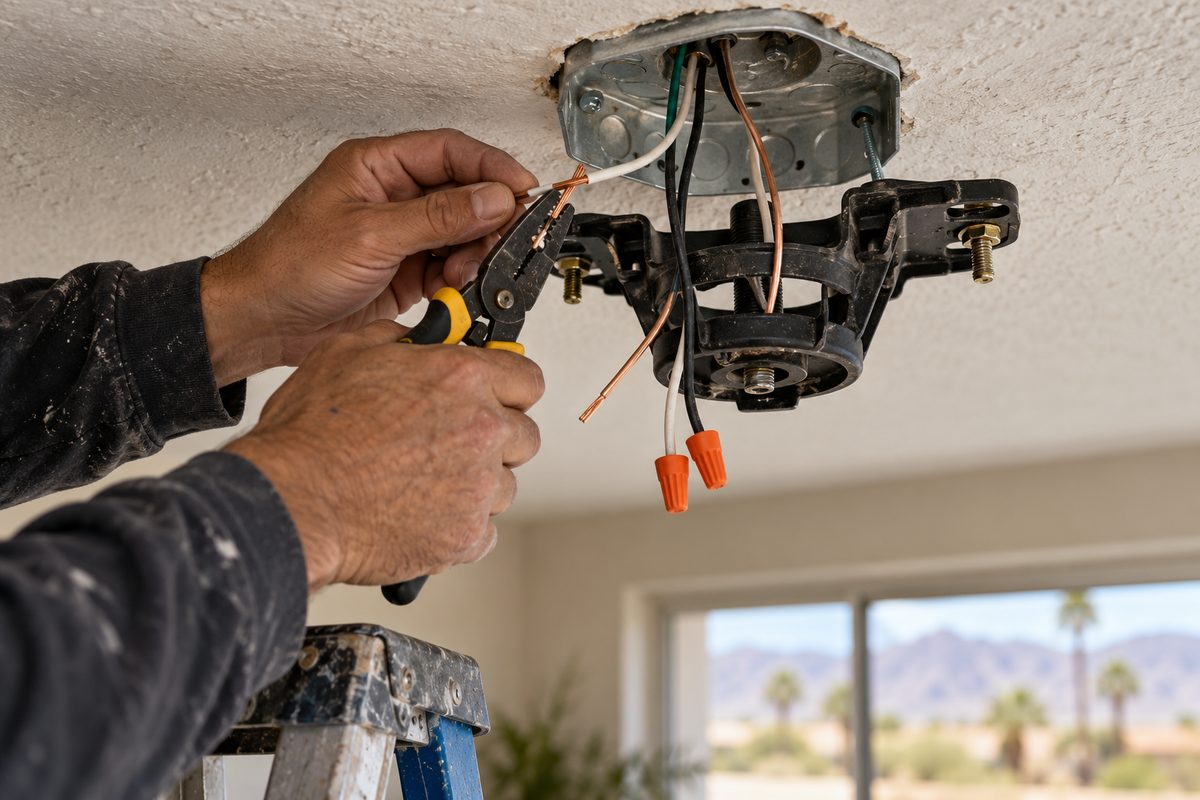 Electrician stripping copper conductors to mount an overhead ceiling fan into an anchored metal junction box