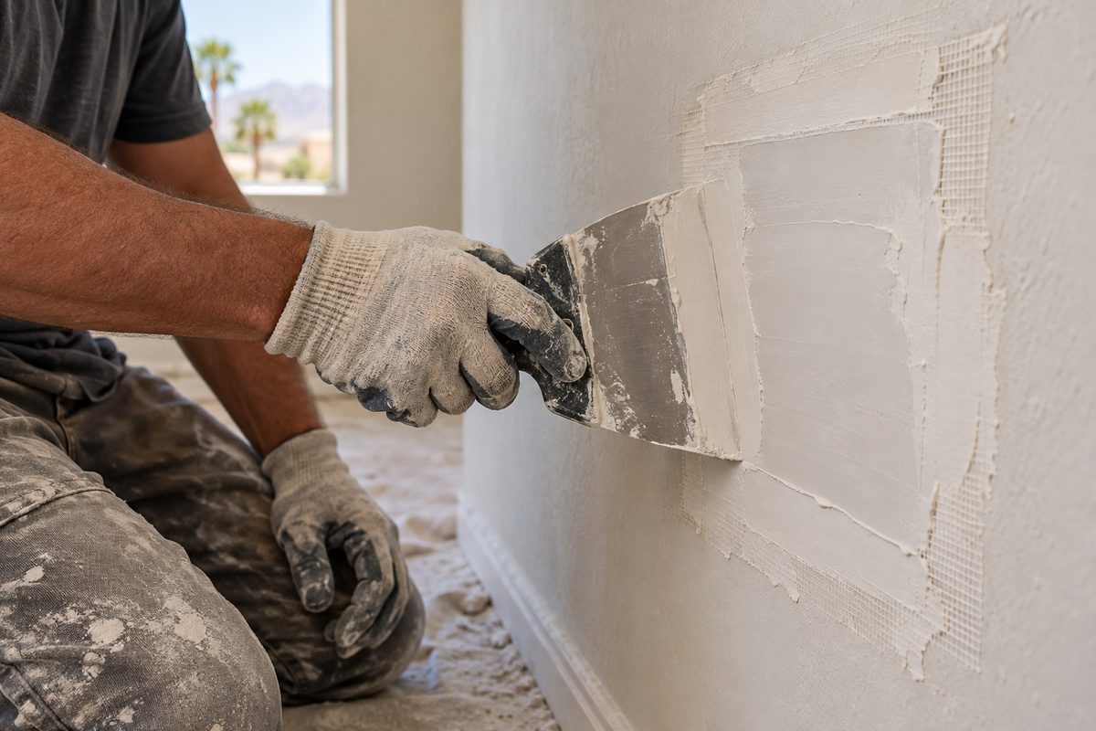 Craftsman feathering joint compound over an interior drywall repair patch with a stainless steel taping knife