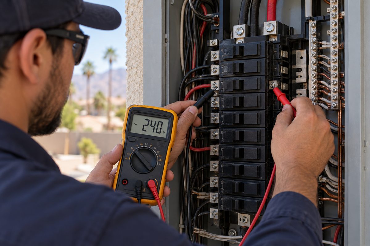 Digital multimeter probes testing voltage across circuit breaker terminals inside a residential electrical panel