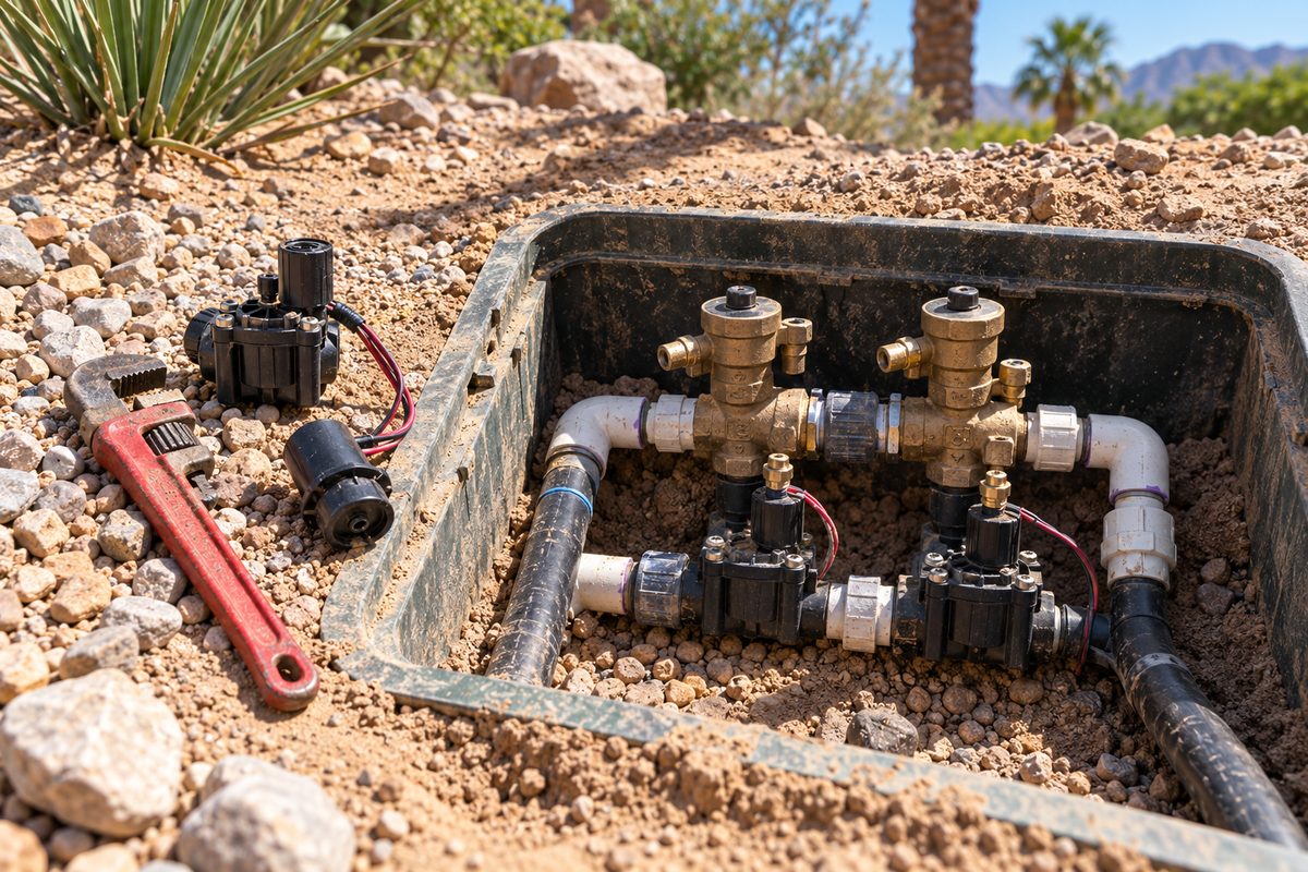 Outdoor drip irrigation manifold repair showing brass valves, poly tubing, and pipe fittings in Indio soil