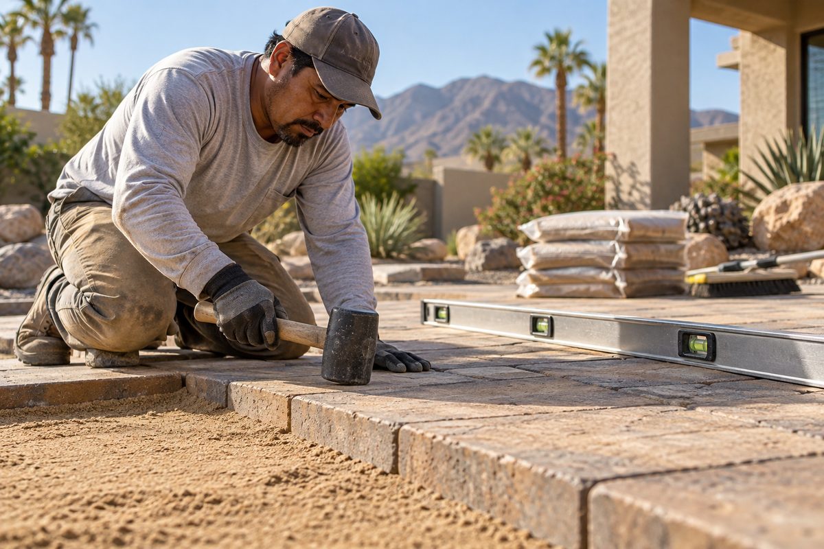 Setting natural desert stone patio pavers with a dead-blow mallet and level over a compacted base