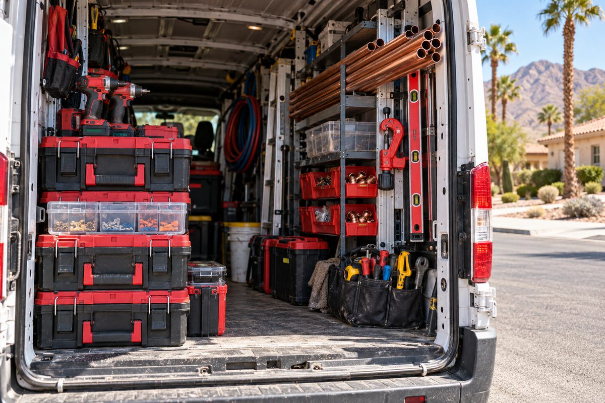 Organized modular toolboxes, cordless power equipment, and hardware inside the George Handyman Inc service van